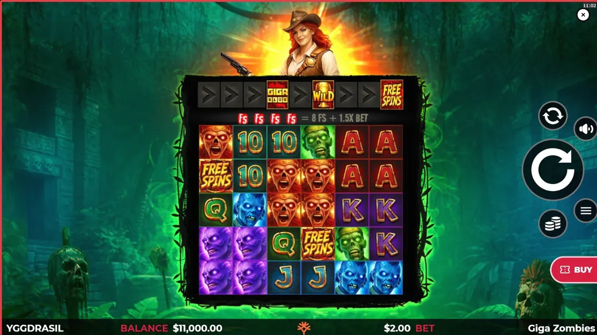 Cena intensa do slot Giga Zombies com a protagonista em meio a ruínas maias e hordas de mortos-vivos.