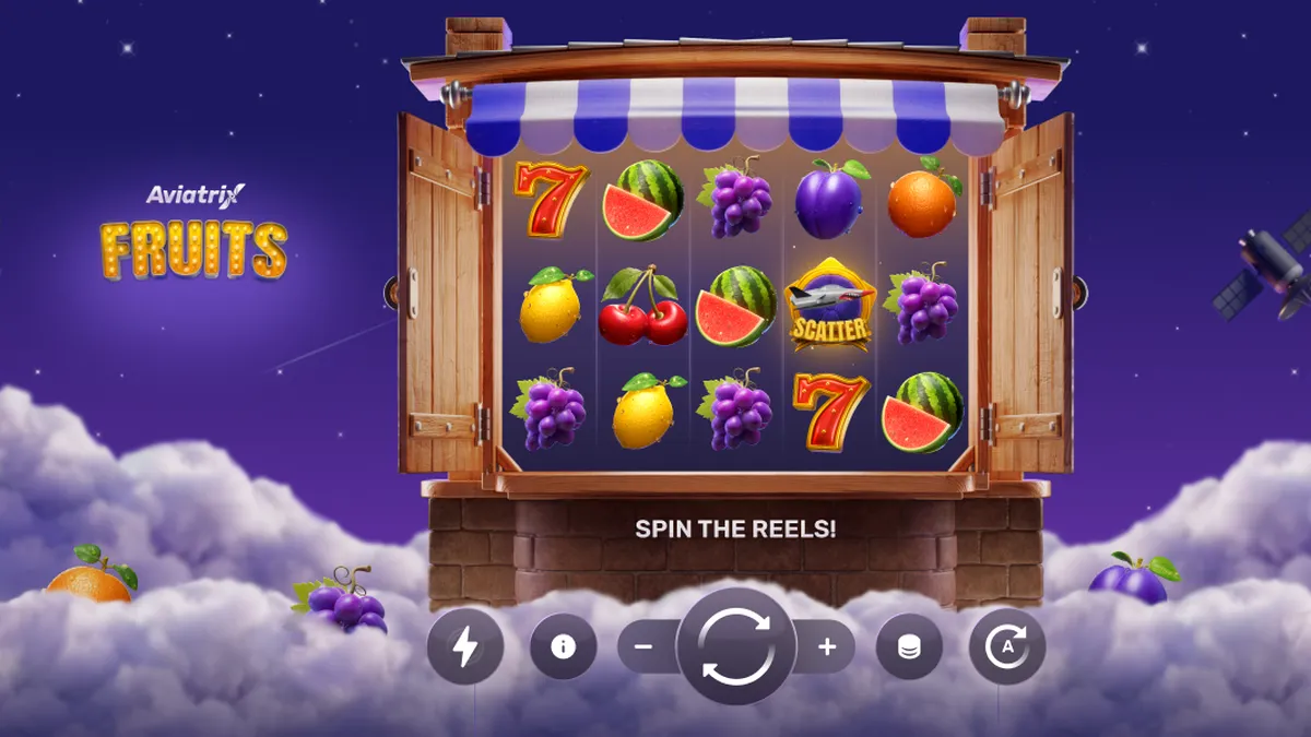 Interface do jogo Aviatrix Fruits mostrando símbolos de frutas e elementos de aeronaves
