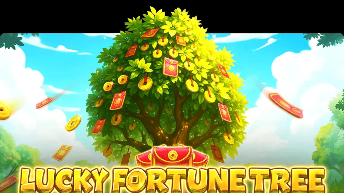 Interface do jogo Lucky Fortune Tree com elementos asiáticos e moedas douradas