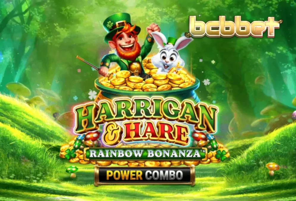 Cenário vibrante e temático do slot Harrigan & Hare Rainbow Bonanza Power Combo com elementos irlandeses.